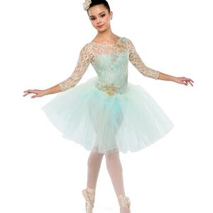 Elegant Lace Ballet Dress in Light Blue and Cream Dance Recital